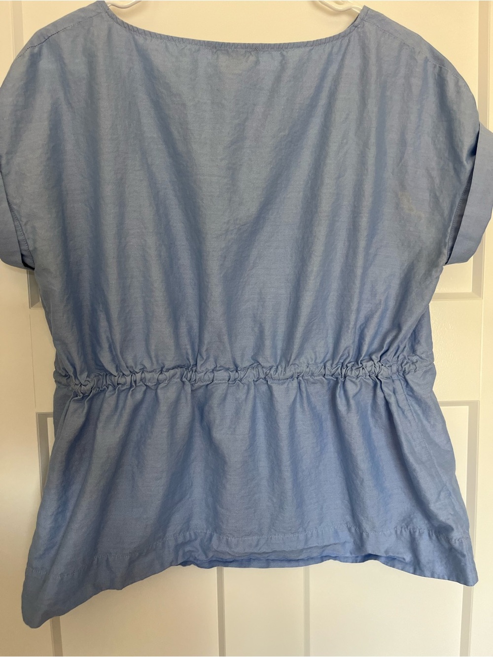 J. Crew Blue Cuffed Short Sleeve Cinched Waist Cotton Blouse (S) - Picture 2 of 4